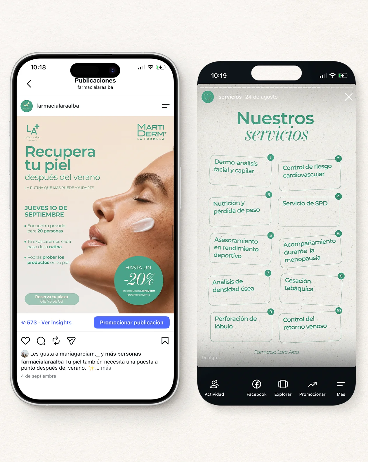 Dos publicaciones de la farmacia vistas en el teléfono.