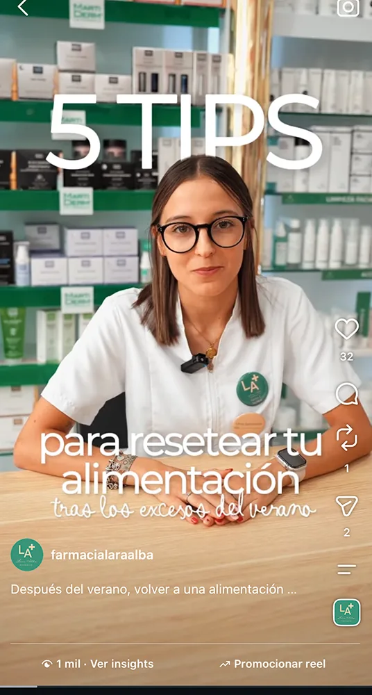 Reel de consejo grabado en la farmacia.
